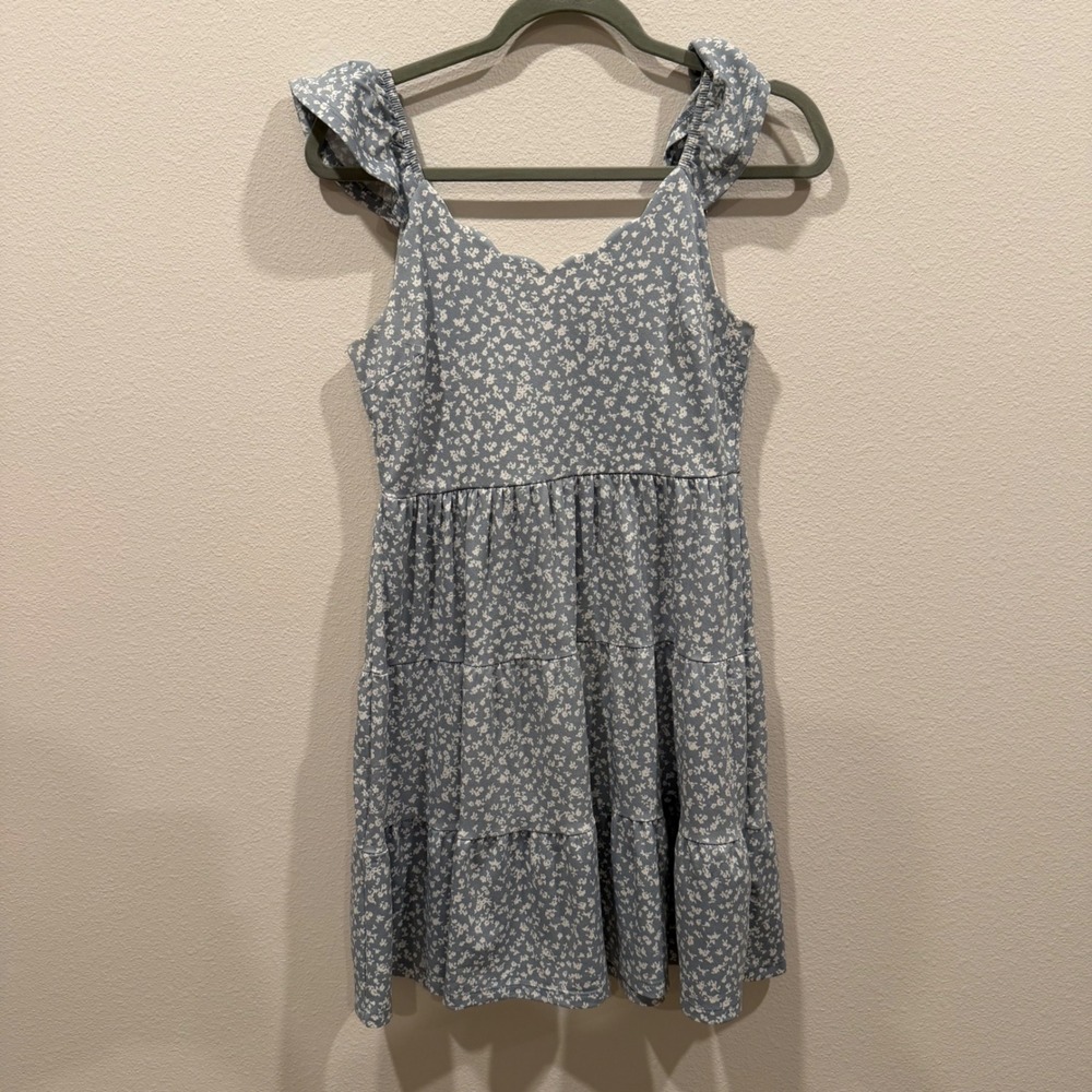 Monteau Los Angeles Blue Floral Tiered Mini Dress Ruffle Sweetheart‎ Size M